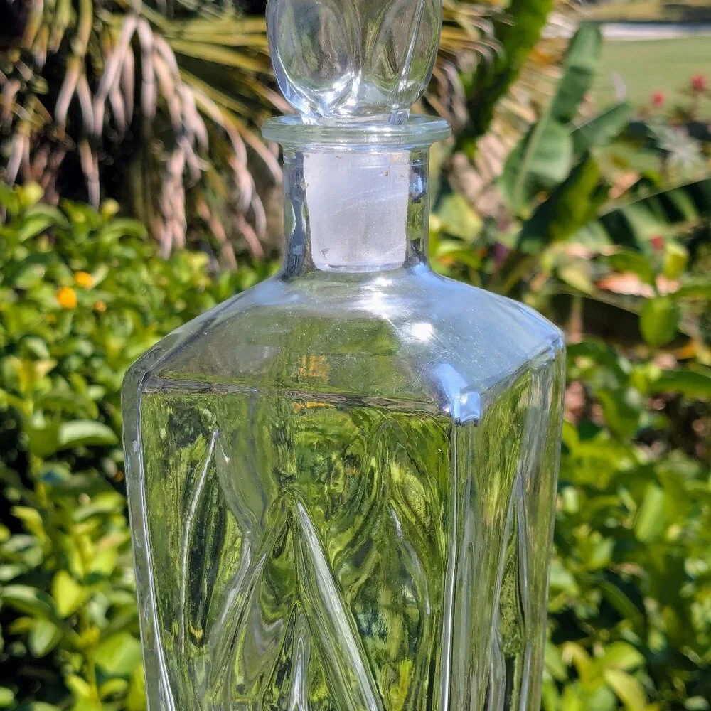 Vintage Glass Decanter with Stopper - Unique Faceted Design & Hollow Stopper